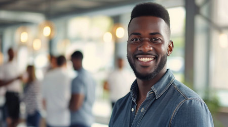 Portrait of a handsome smiling black businessman boss standing in his modern business company office.の素材