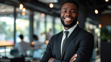 Portrait of a handsome smiling black businessman boss standing in his modern business company office.の素材