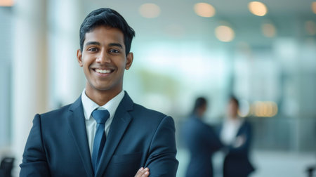 Portrait of a handsome smiling asian indian businessman boss standing in his modern business company office.の素材