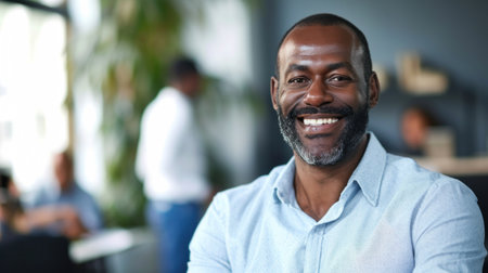 Portrait of a handsome smiling black businessman boss standing in his modern business company office.の素材