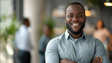 Portrait of a handsome smiling black businessman boss standing in his modern business company office.の素材