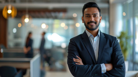 Portrait of a handsome smiling asian indian businessman boss standing in his modern business company office.の素材