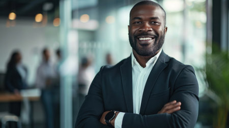 Portrait of a handsome smiling black businessman boss standing in his modern business company office.の素材
