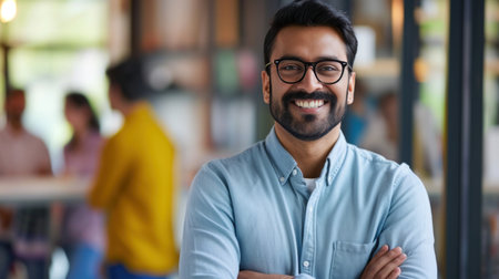 Portrait of a handsome smiling asian indian businessman boss standing in his modern business company office.の素材