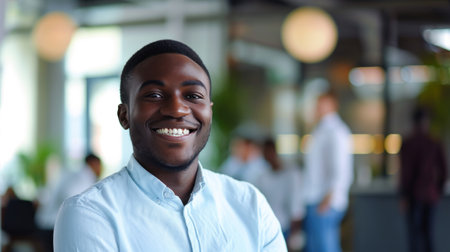 Portrait of a handsome smiling black businessman boss standing in his modern business company office.の素材