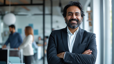 Portrait of a handsome smiling asian indian businessman boss standing in his modern business company office.の素材