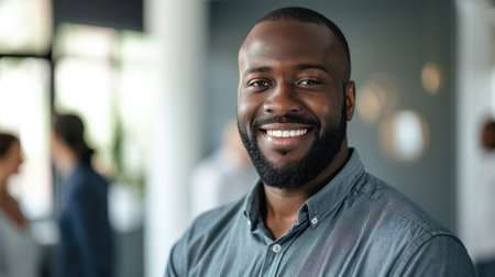 Portrait of a handsome smiling black businessman boss standing in his modern business company office.の素材