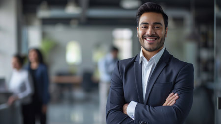 Portrait of a handsome smiling asian indian businessman boss standing in his modern business company office.の素材