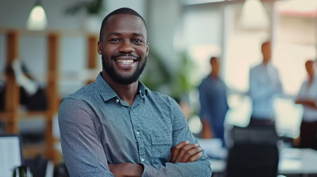 Portrait of a handsome smiling black businessman boss standing in his modern business company office.の素材