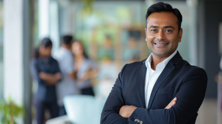 Portrait of a handsome smiling asian indian businessman boss standing in his modern business company office.の素材