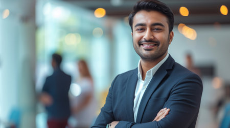 Portrait of a handsome smiling asian indian businessman boss standing in his modern business company office.の素材