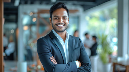 Portrait of a handsome smiling asian indian businessman boss standing in his modern business company office.の素材