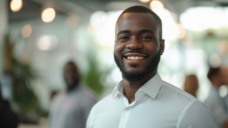 Portrait of a handsome smiling black businessman boss standing in his modern business company office.の素材