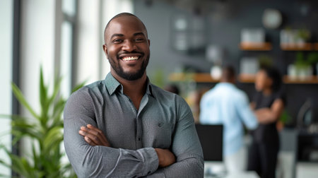 Portrait of a handsome smiling black businessman boss standing in his modern business company office.の素材