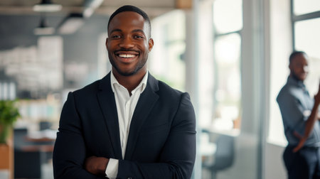 Portrait of a handsome smiling black businessman boss standing in his modern business company office.の素材