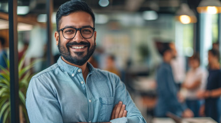 Portrait of a handsome smiling asian indian businessman boss standing in his modern business company office.の素材