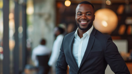 Portrait of a handsome smiling black businessman boss standing in his modern business company office.の素材