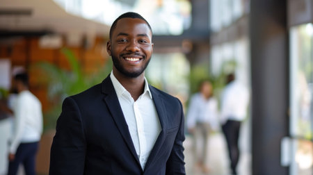 Portrait of a handsome smiling black businessman boss standing in his modern business company office.の素材