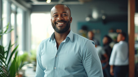 Portrait of a handsome smiling black businessman boss standing in his modern business company office.の素材
