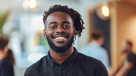 Portrait of a handsome smiling black businessman boss standing in his modern business company office.の素材