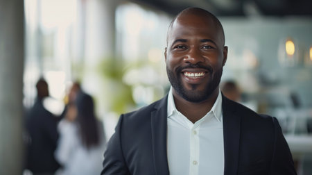 Portrait of a handsome smiling black businessman boss standing in his modern business company office.の素材