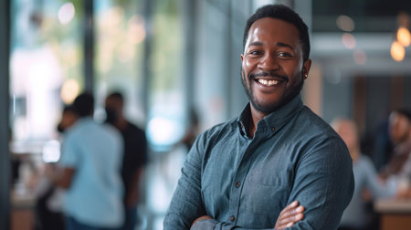 Portrait of a handsome smiling black businessman boss standing in his modern business company office.の素材
