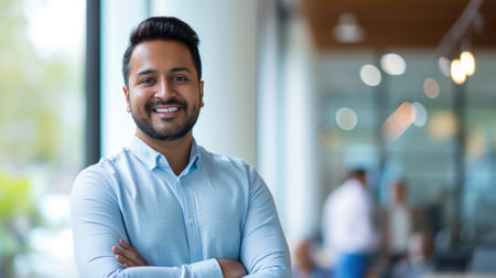 Portrait of a handsome smiling asian indian businessman boss standing in his modern business company office.の素材