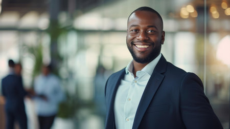 Portrait of a handsome smiling black businessman boss standing in his modern business company office.の素材