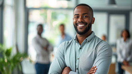 Portrait of a handsome smiling black businessman boss standing in his modern business company office.の素材