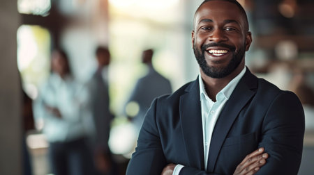 Portrait of a handsome smiling black businessman boss standing in his modern business company office.の素材