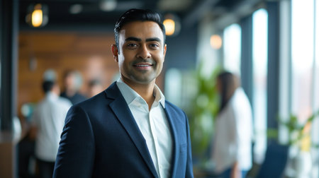 Portrait of a handsome smiling asian indian businessman boss standing in his modern business company office.の素材