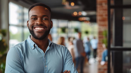 Portrait of a handsome smiling black businessman boss standing in his modern business company office.の素材