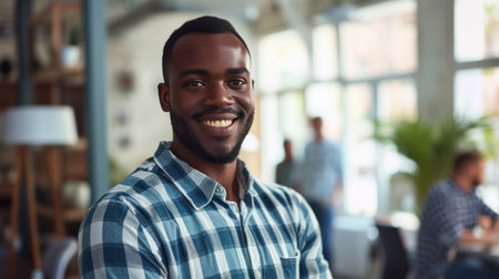 Portrait of a handsome smiling black businessman boss standing in his modern business company office.の素材