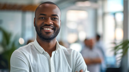Portrait of a handsome smiling black businessman boss standing in his modern business company office.の素材