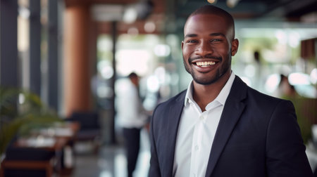 Portrait of a handsome smiling black businessman boss standing in his modern business company office.の素材