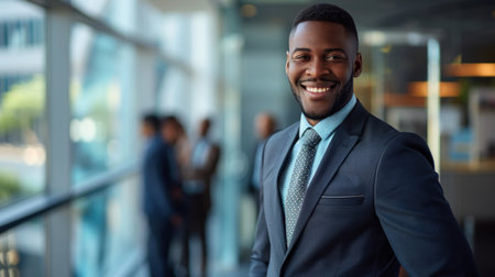 Portrait of a handsome smiling black businessman boss standing in his modern business company office.の素材