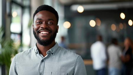 Portrait of a handsome smiling black businessman boss standing in his modern business company office.の素材