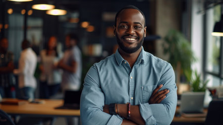Portrait of a handsome smiling black businessman boss standing in his modern business company office.の素材