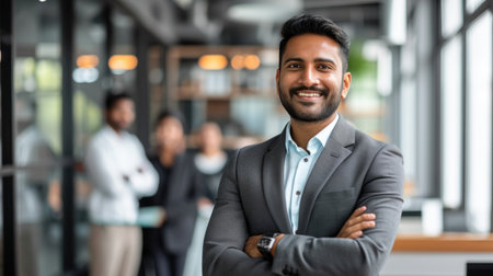 Portrait of a handsome smiling asian indian businessman boss standing in his modern business company office.の素材