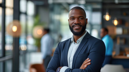 Portrait of a handsome smiling black businessman boss standing in his modern business company office.の素材