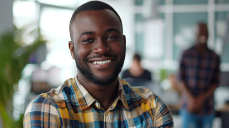 Portrait of a handsome smiling black businessman boss standing in his modern business company office.の素材