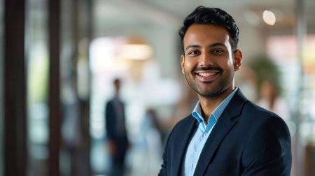 Portrait of a handsome smiling asian indian businessman boss standing in his modern business company office.の素材