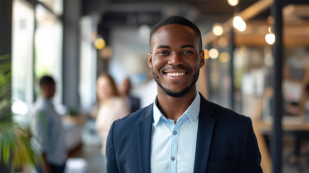 Portrait of a handsome smiling black businessman boss standing in his modern business company office.の素材