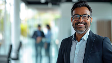 Portrait of a handsome smiling asian indian businessman boss standing in his modern business company office.の素材