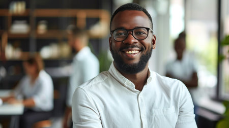 Portrait of a handsome smiling black businessman boss standing in his modern business company office.の素材