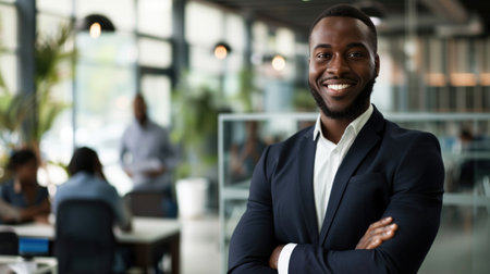 Portrait of a handsome smiling black businessman boss standing in his modern business company office.の素材