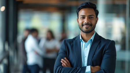 Portrait of a handsome smiling asian indian businessman boss standing in his modern business company office.の素材