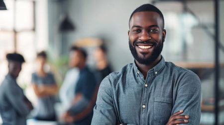 Portrait of a handsome smiling black businessman boss standing in his modern business company office.の素材