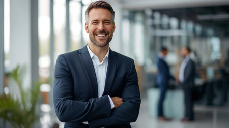 Portrait of a handsome smiling businessman boss standing in his modern business company office.の素材