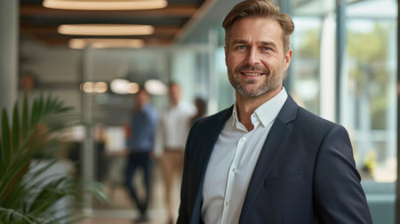Portrait of a handsome smiling businessman boss standing in his modern business company office.の素材
